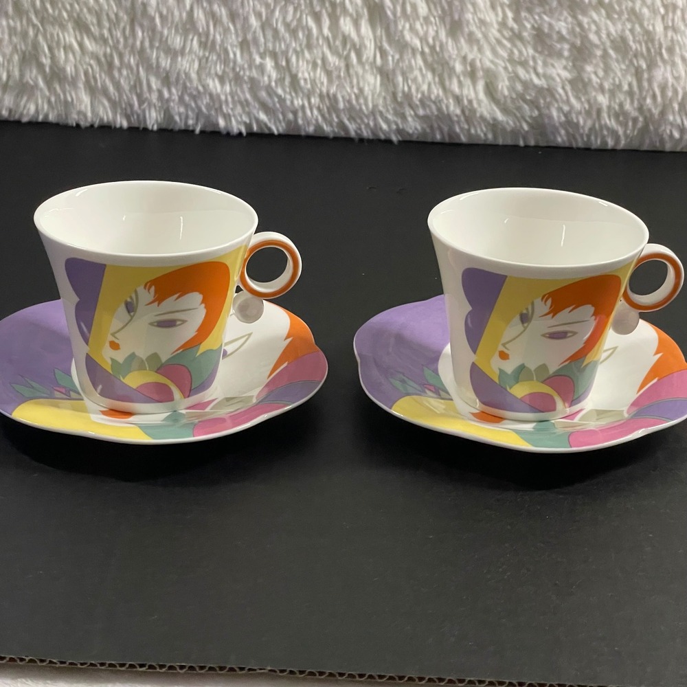 Hankook Fine Bone China Avant Garde Face Tea Cup Saucer Set 2 Pop Art 80s Style